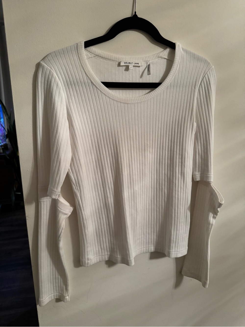 Helmut Lang White Ribbed Long Sleeve Crew Top size S